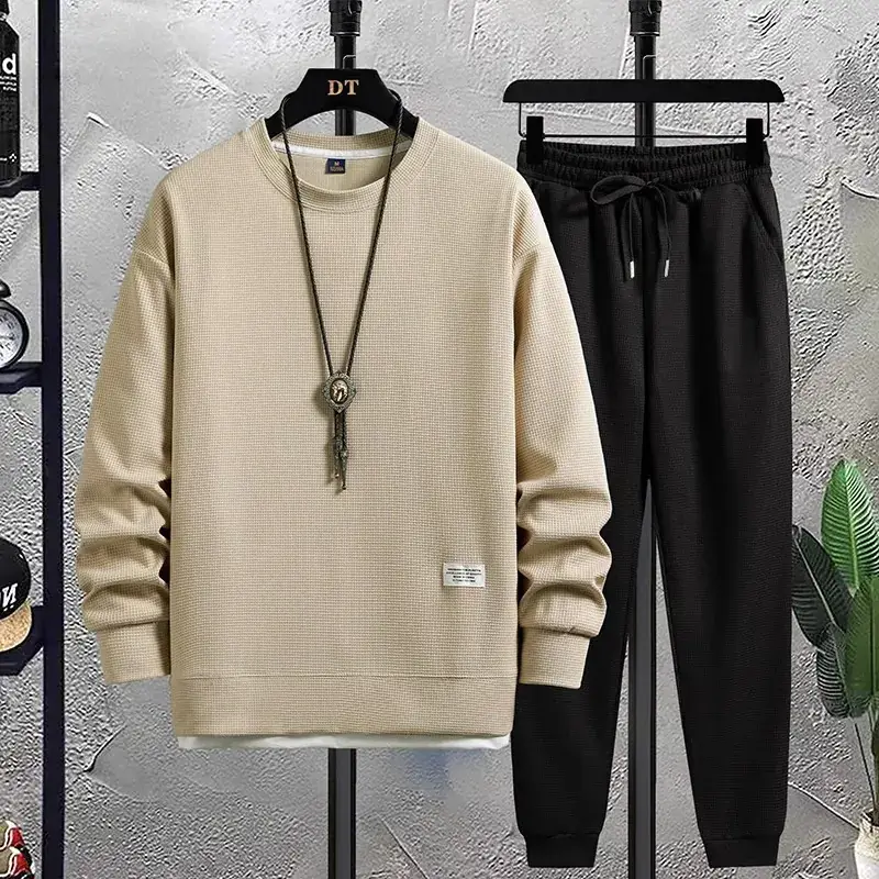 Men Waffle Casual Sweatpants Set Grey Loose Fit - Image 9