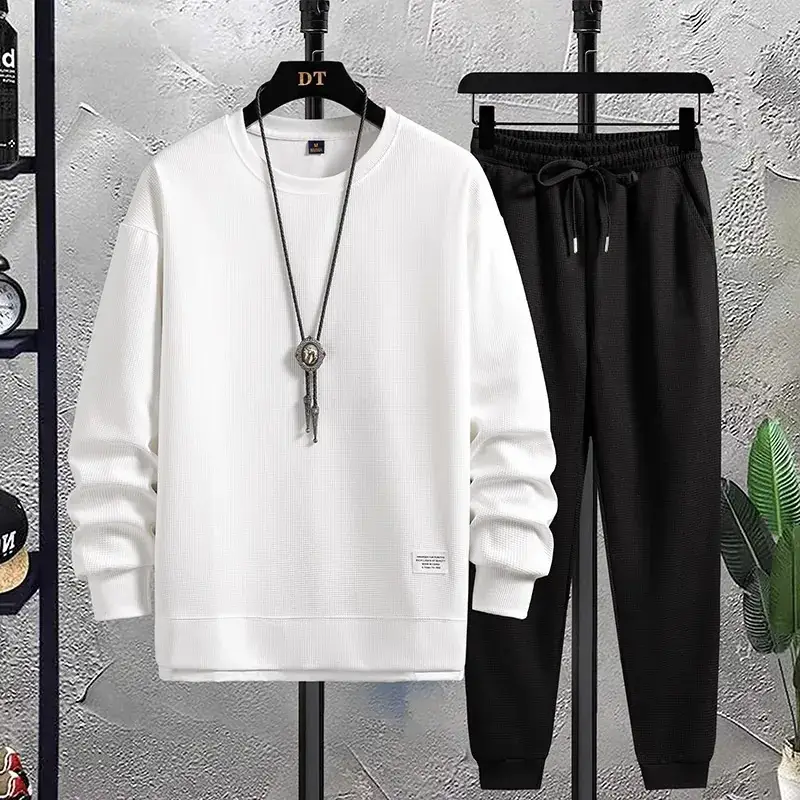Men Waffle Casual Sweatpants Set Grey Loose Fit - Image 10
