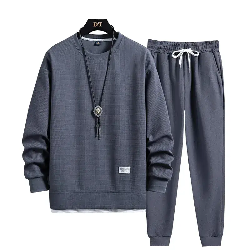 Men Waffle Casual Sweatpants Set Grey Loose Fit - Image 11