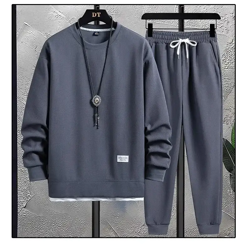 Men Waffle Casual Sweatpants Set Grey Loose Fit — feature 14