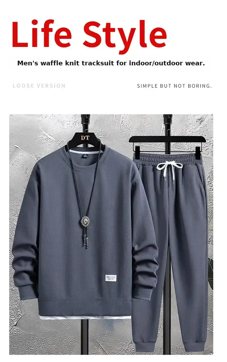 Men Waffle Casual Sweatpants Set Grey Loose Fit — feature 2