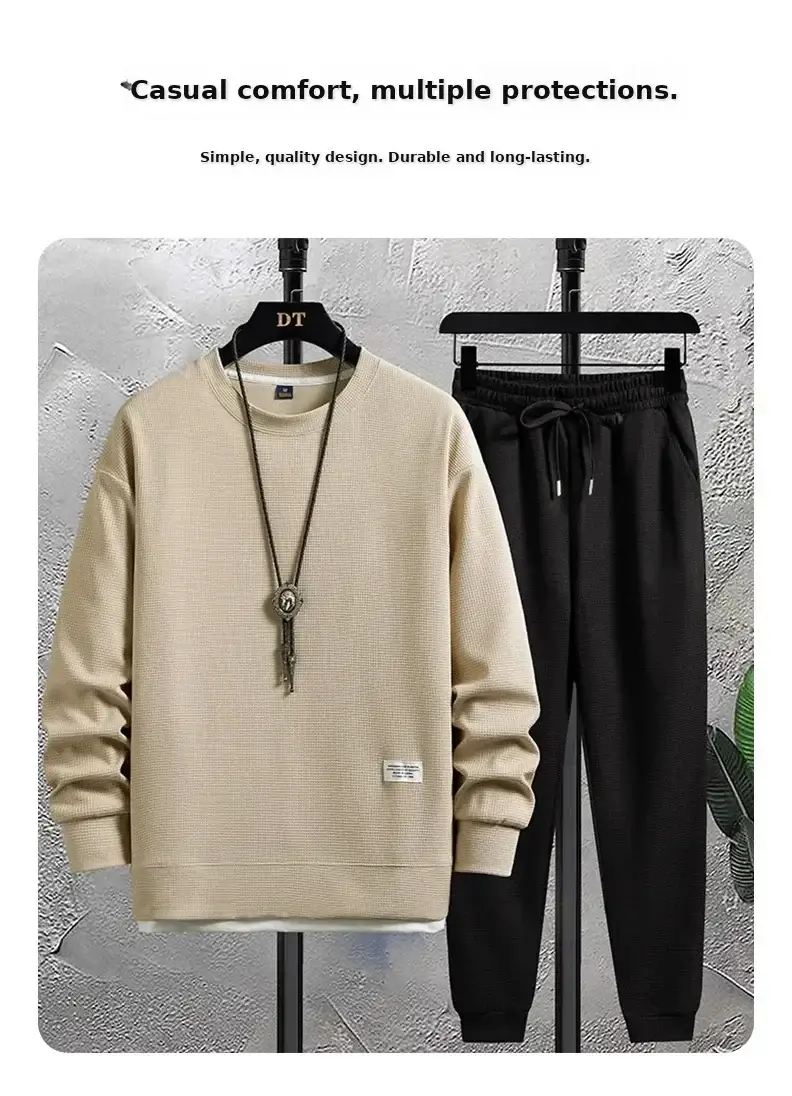 Men Waffle Casual Sweatpants Set Grey Loose Fit — feature 6