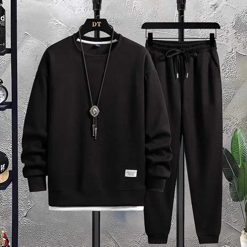 Men Waffle Casual Sweatpants Set Grey Loose Fit - Image 3