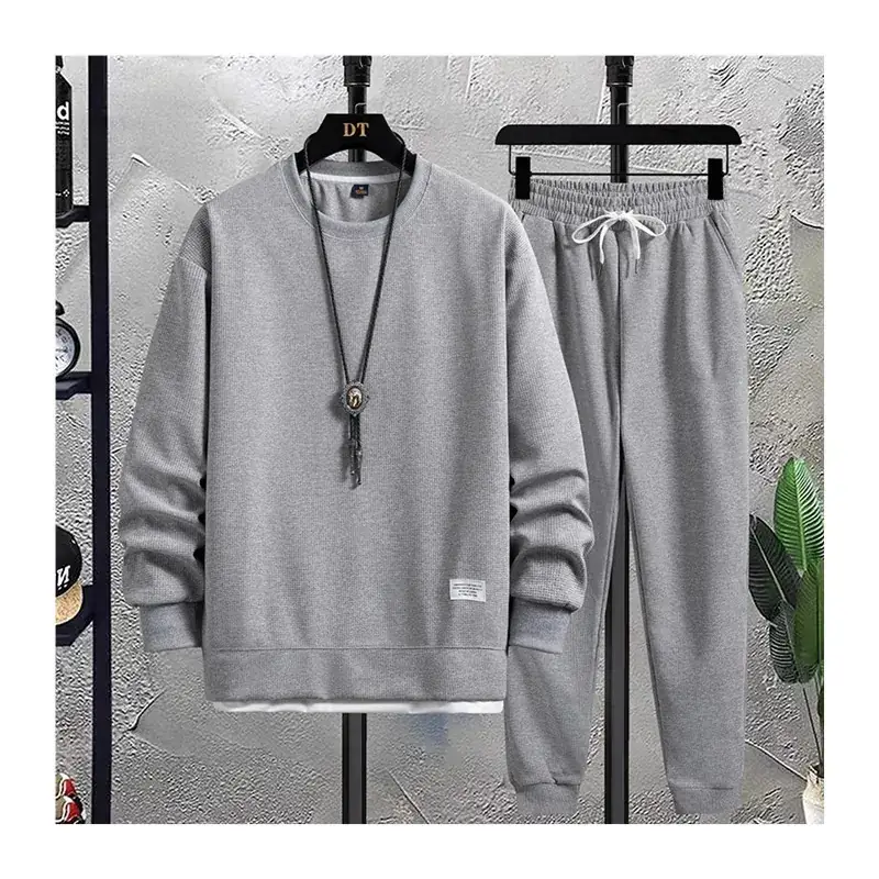 Men Waffle Casual Sweatpants Set Grey Loose Fit - Image 4