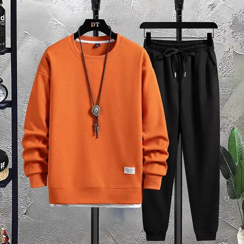 Men Waffle Casual Sweatpants Set Grey Loose Fit - Image 5