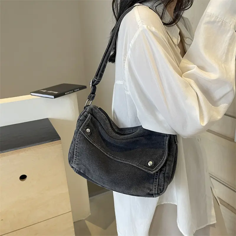 Japanese Style Flapover Washed Canvas Crossbody Bag - Image 5