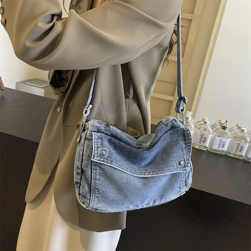 Japanese Style Flapover Washed Canvas Crossbody Bag - Image 7
