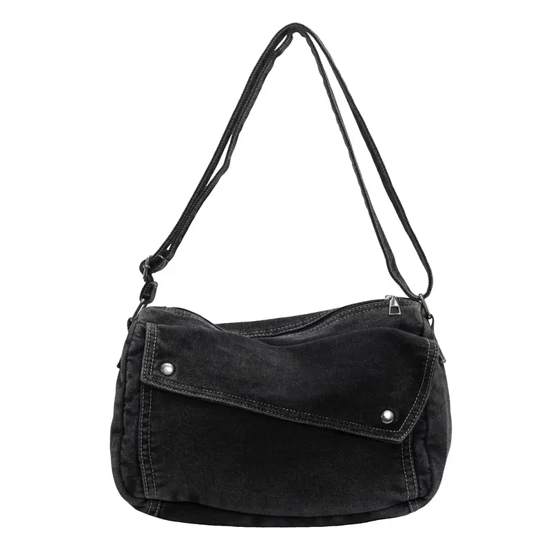 Japanese Style Flapover Washed Canvas Crossbody Bag - Image 3