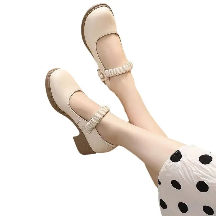 Mary Jane Women's High Heel Leather Shoes Cream 2024