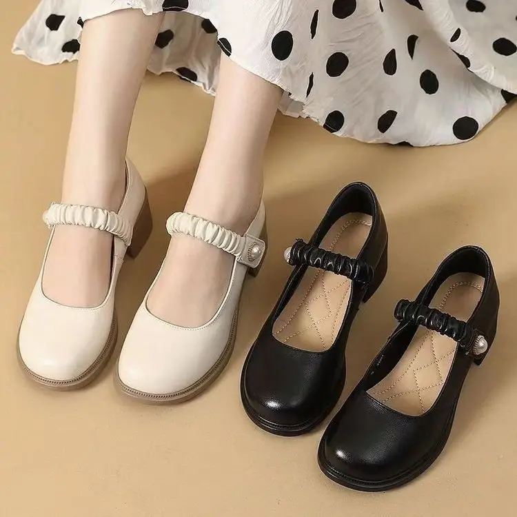 Mary Jane Women's High Heel Leather Shoes Cream 2024 — feature 11
