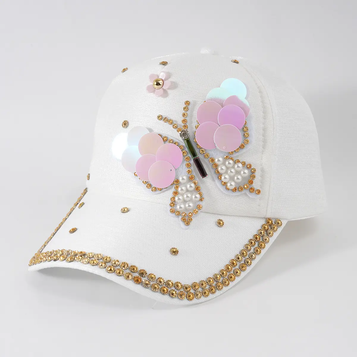 Women's Pink Butterfly Baseball Cap with Rhinestone & Pearl Decor - Image 6