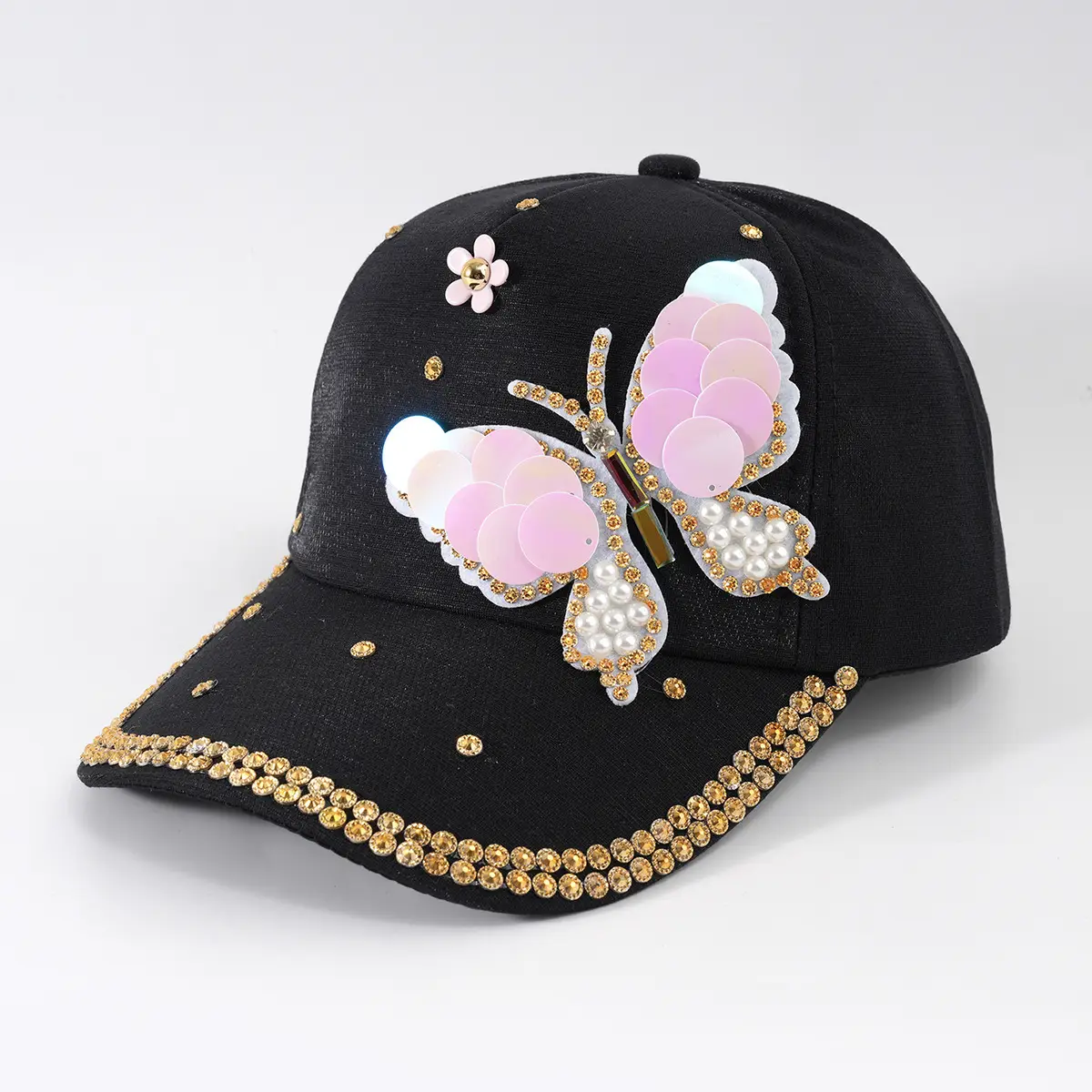 Women's Pink Butterfly Baseball Cap with Rhinestone & Pearl Decor - Image 7