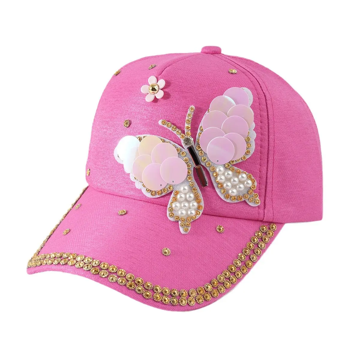 Women's Pink Butterfly Baseball Cap with Rhinestone & Pearl Decor - Image 8
