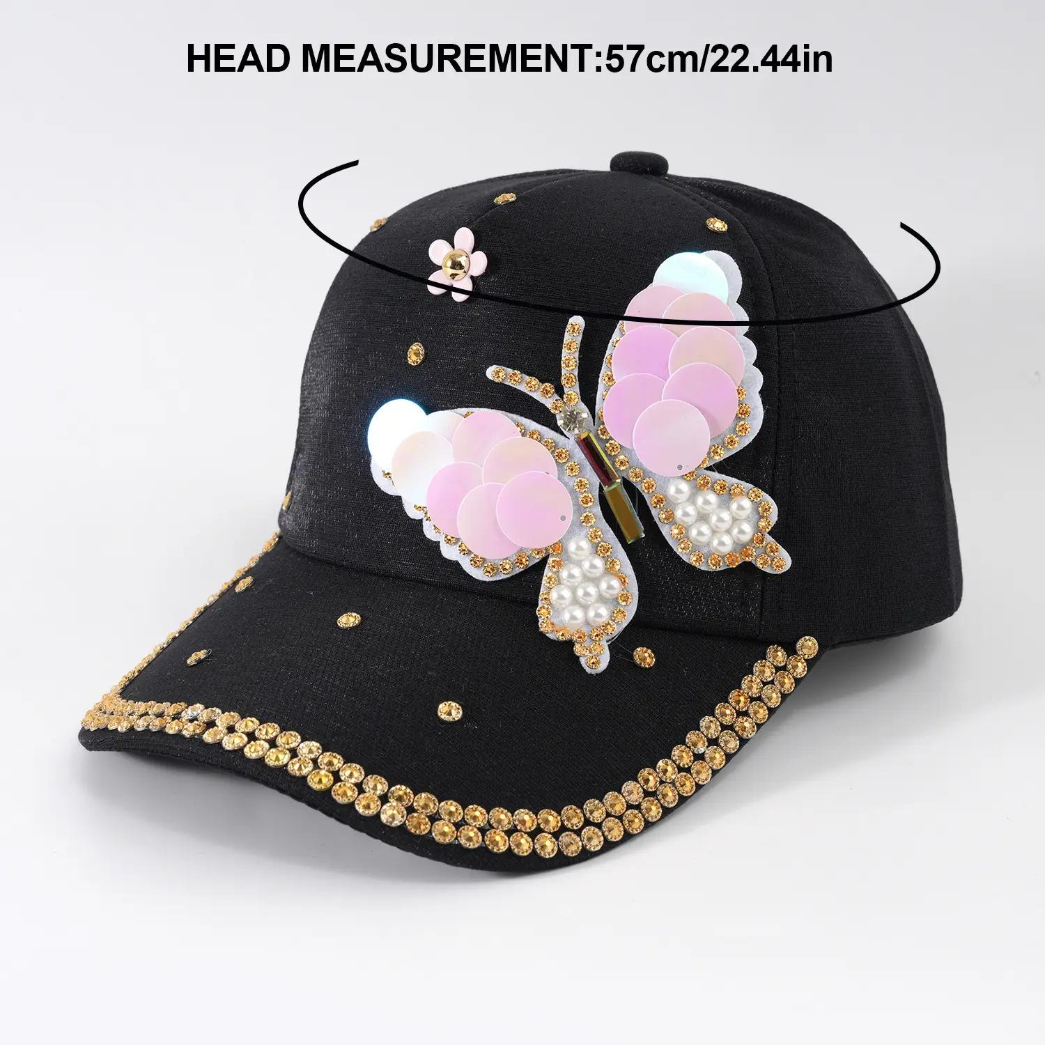 Women's Pink Butterfly Baseball Cap with Rhinestone & Pearl Decor — feature 12