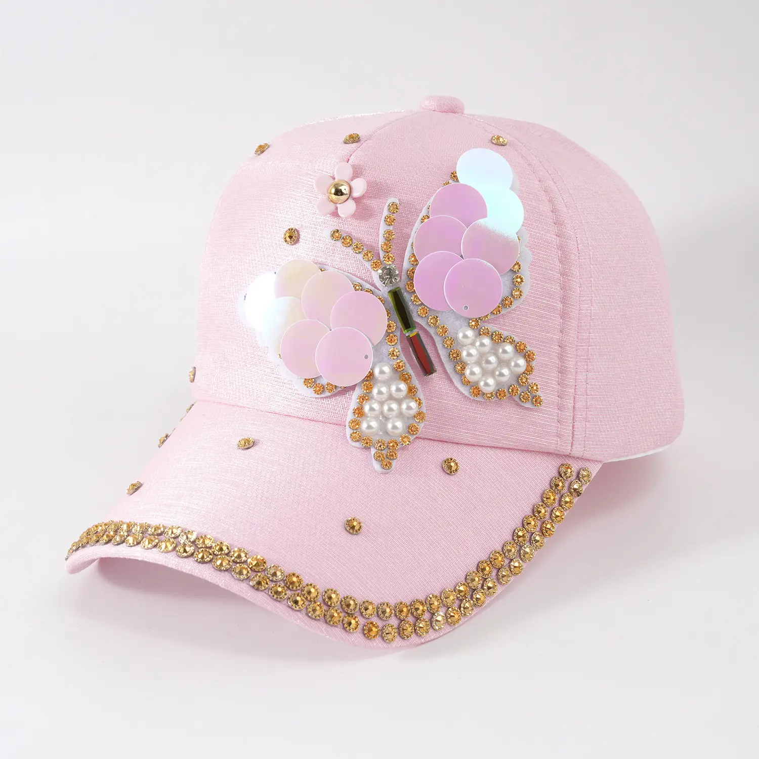 Women's Pink Butterfly Baseball Cap with Rhinestone & Pearl Decor — feature 13