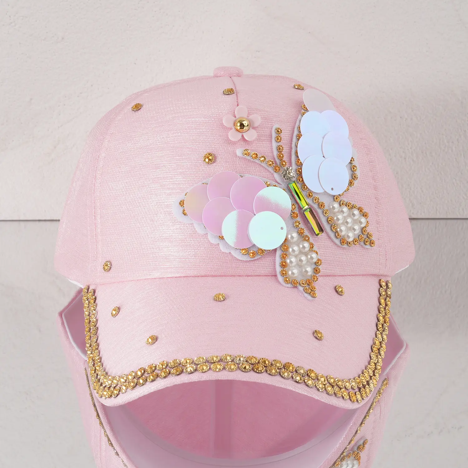 Women's Pink Butterfly Baseball Cap with Rhinestone & Pearl Decor — feature 15