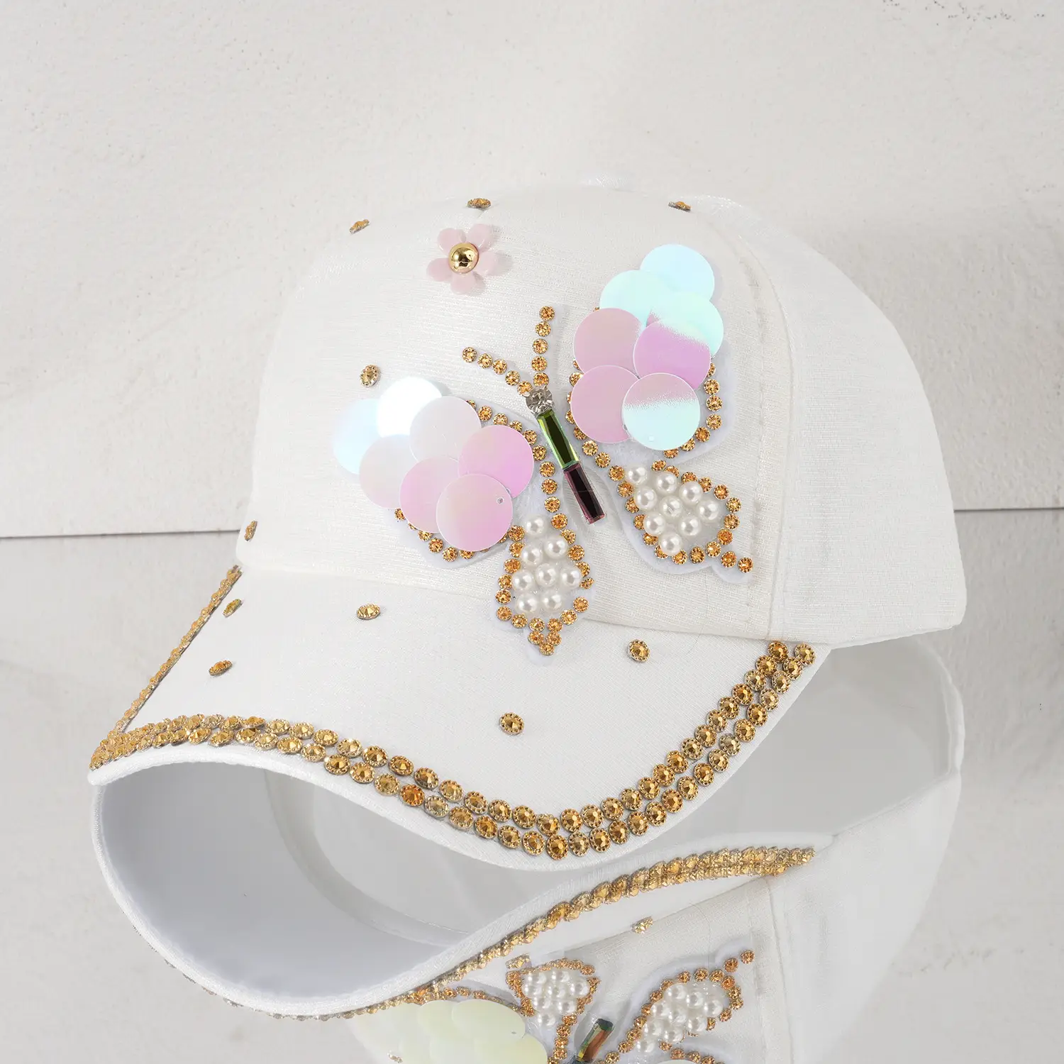 Women's Pink Butterfly Baseball Cap with Rhinestone & Pearl Decor — feature 2