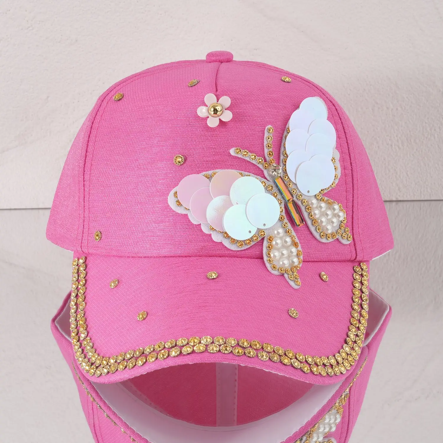 Women's Pink Butterfly Baseball Cap with Rhinestone & Pearl Decor — feature 22