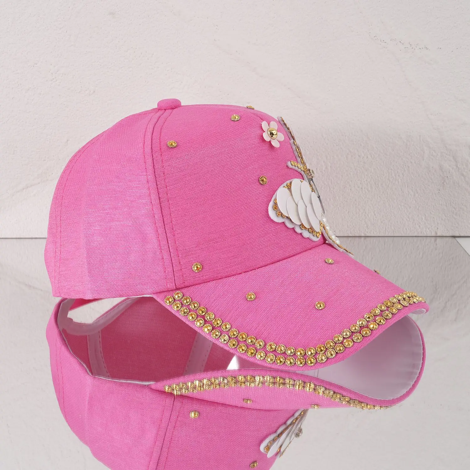 Women's Pink Butterfly Baseball Cap with Rhinestone & Pearl Decor — feature 23