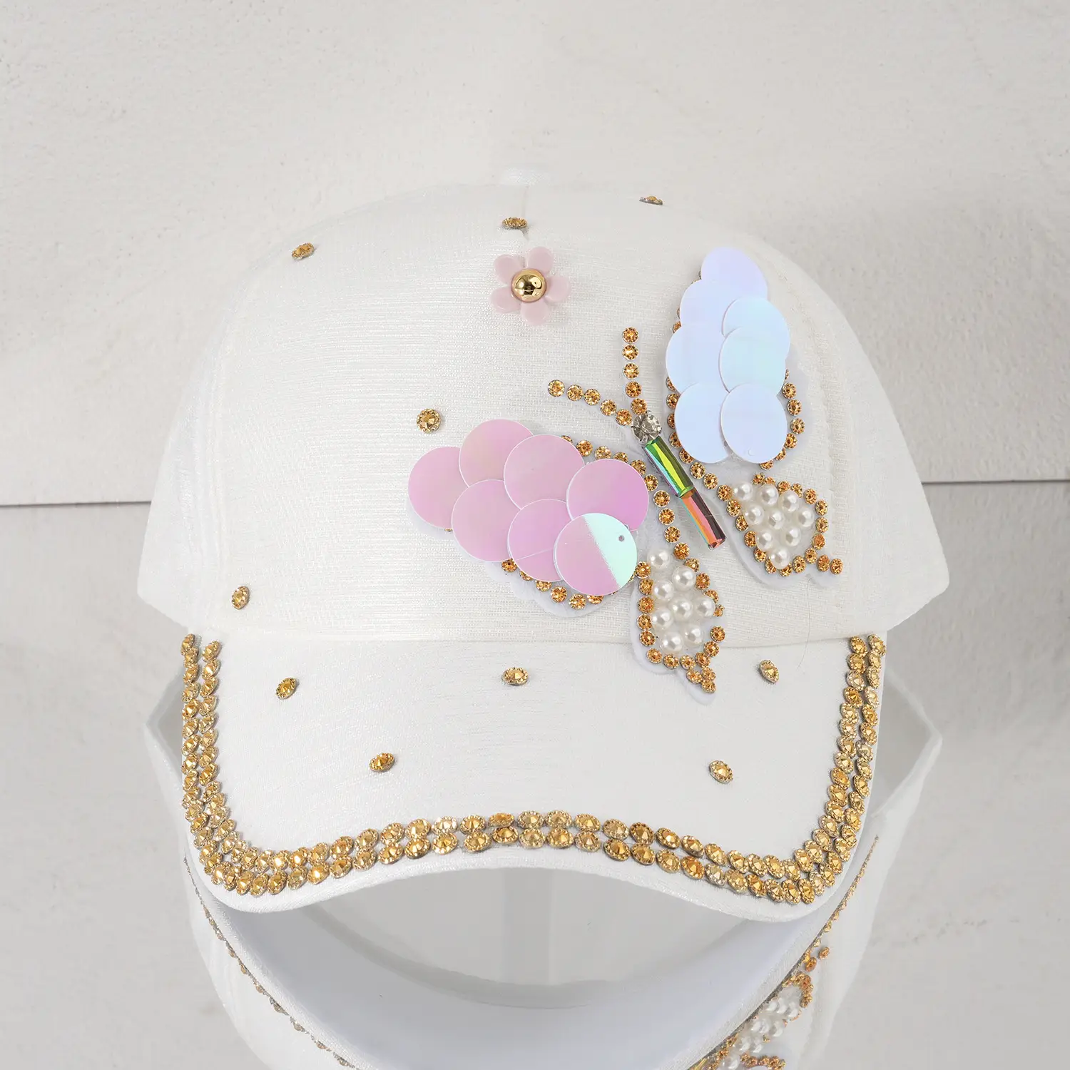 Women's Pink Butterfly Baseball Cap with Rhinestone & Pearl Decor — feature 3