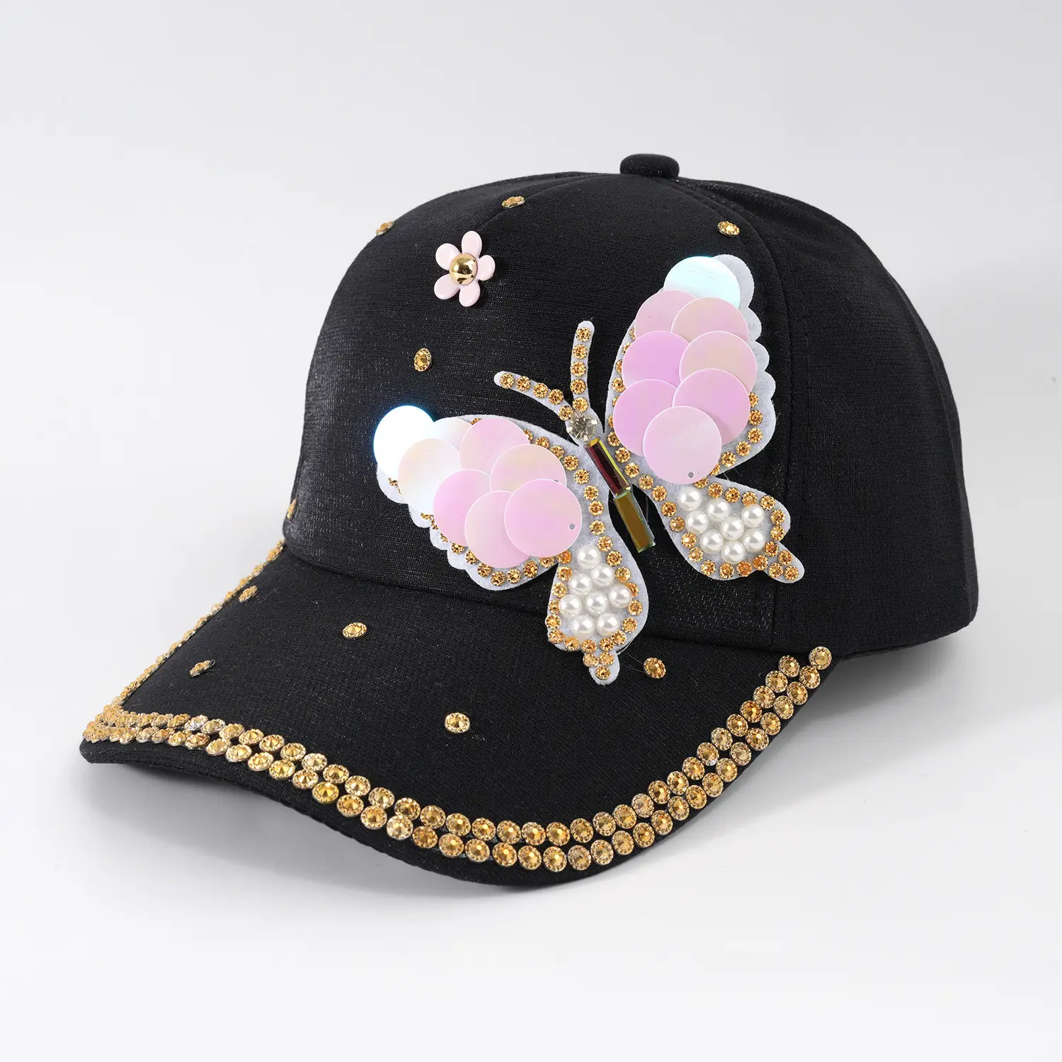 Women's Pink Butterfly Baseball Cap with Rhinestone & Pearl Decor — feature 7