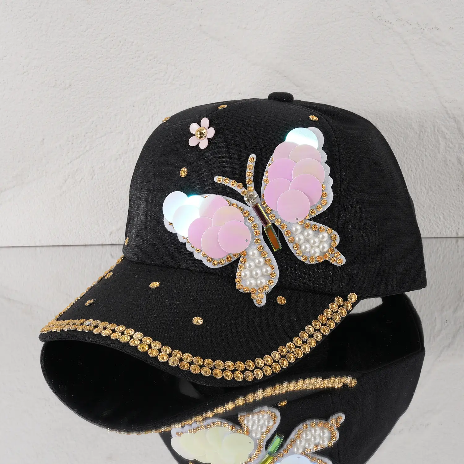 Women's Pink Butterfly Baseball Cap with Rhinestone & Pearl Decor — feature 8