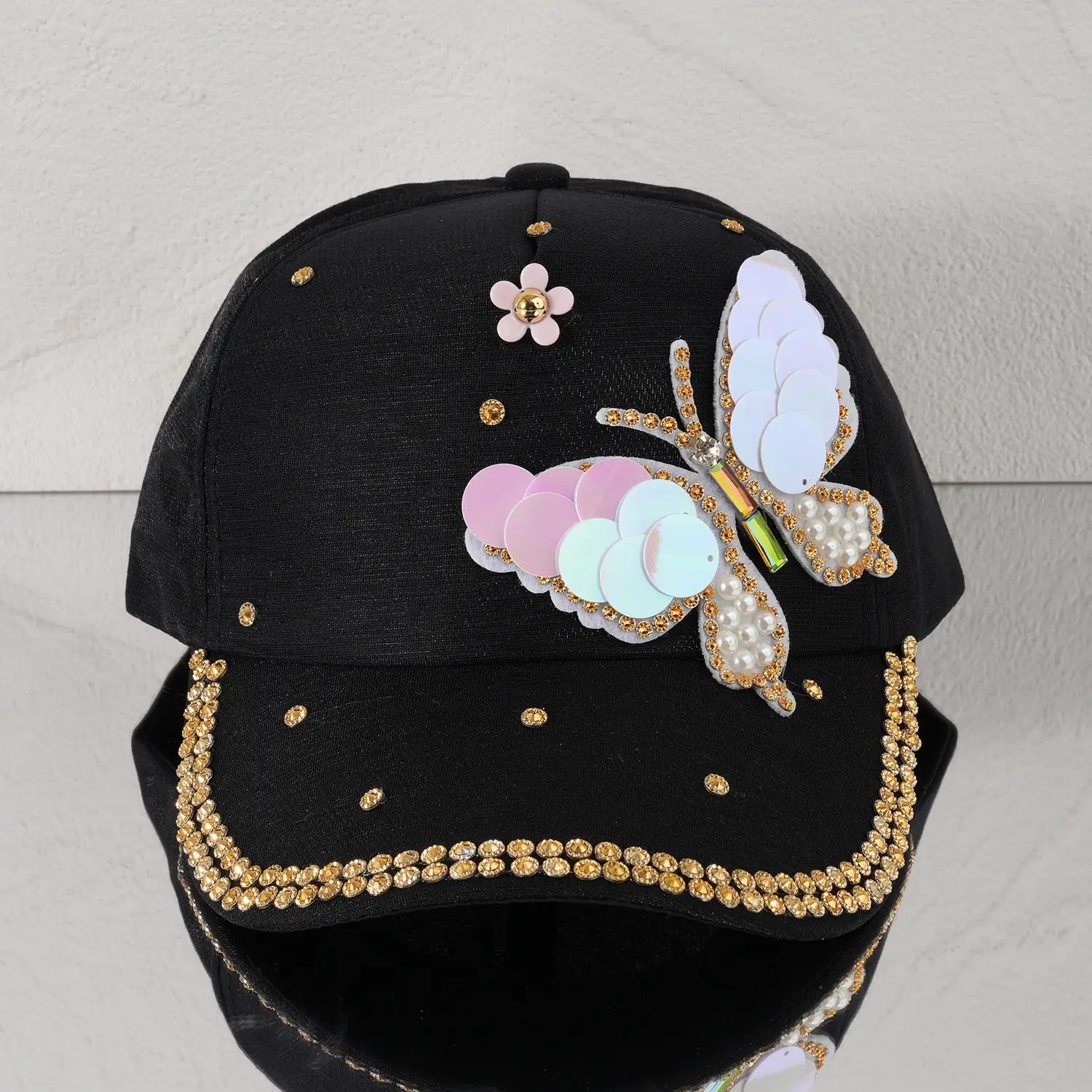 Women's Pink Butterfly Baseball Cap with Rhinestone & Pearl Decor — feature 9