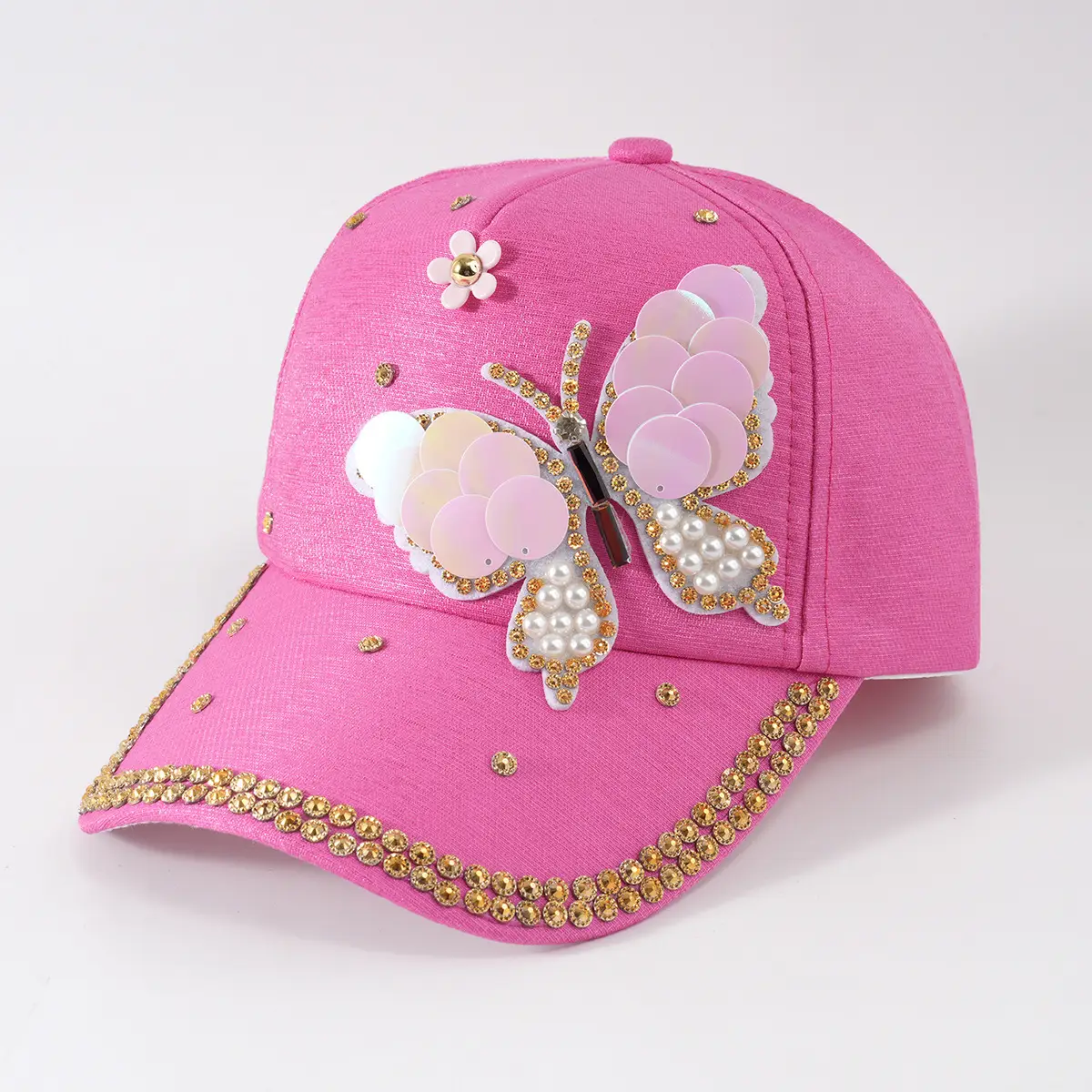 Women's Pink Butterfly Baseball Cap with Rhinestone & Pearl Decor - Image 3