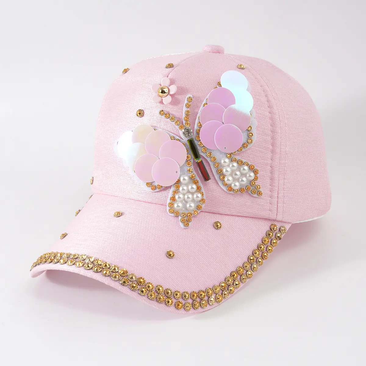 Women's Pink Butterfly Baseball Cap with Rhinestone & Pearl Decor - Image 4