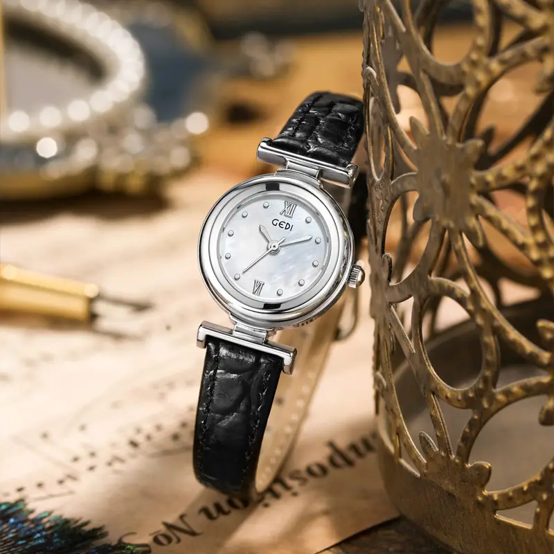 Gold Watch for Women with Blue Dial & Black Leather Belt - Image 6