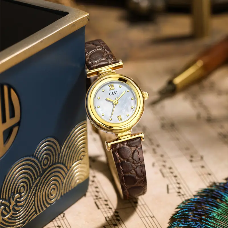 Gold Watch for Women with Blue Dial & Black Leather Belt - Image 7