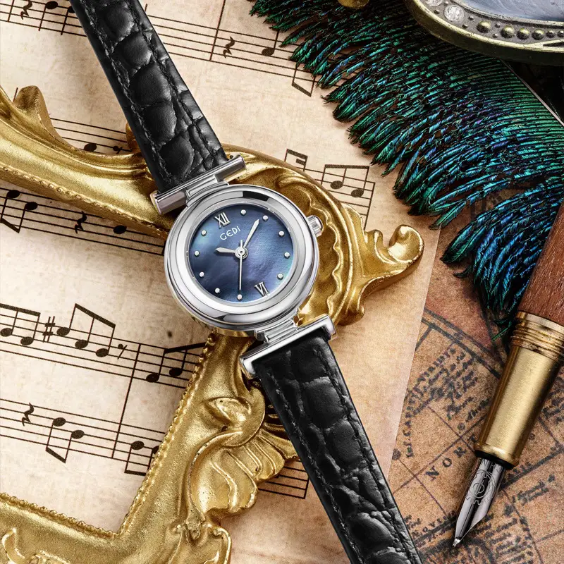 Gold Watch for Women with Blue Dial & Black Leather Belt - Image 8