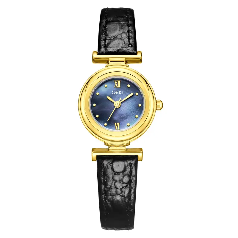 Gold Watch for Women with Blue Dial & Black Leather Belt - Image 2