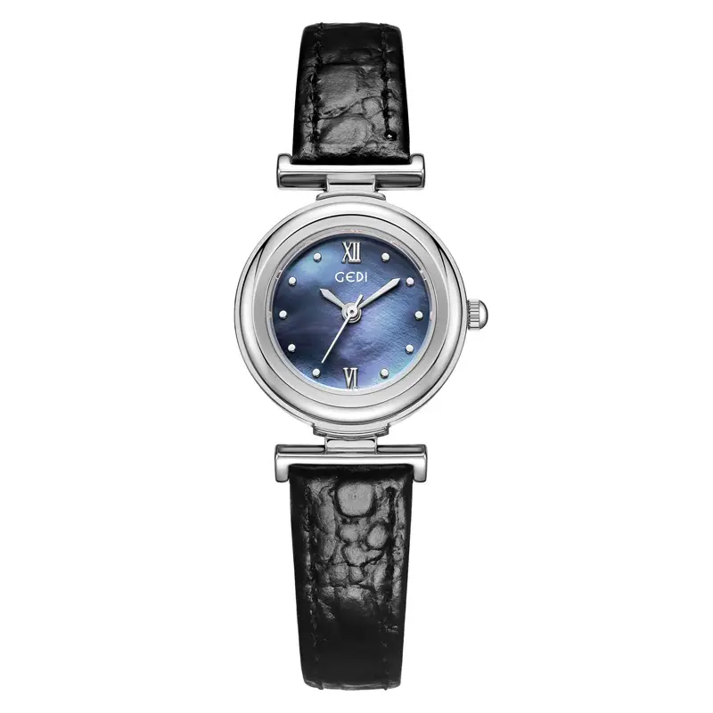 Gold Watch for Women with Blue Dial & Black Leather Belt - Image 3