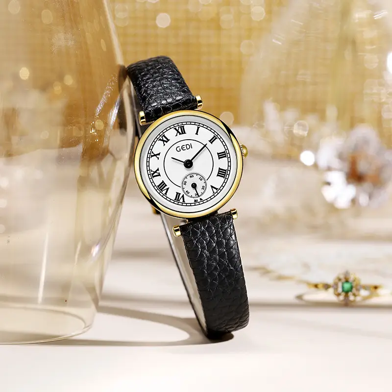 Women's Gold Quartz Watch with Black Leather Strap - Image 5