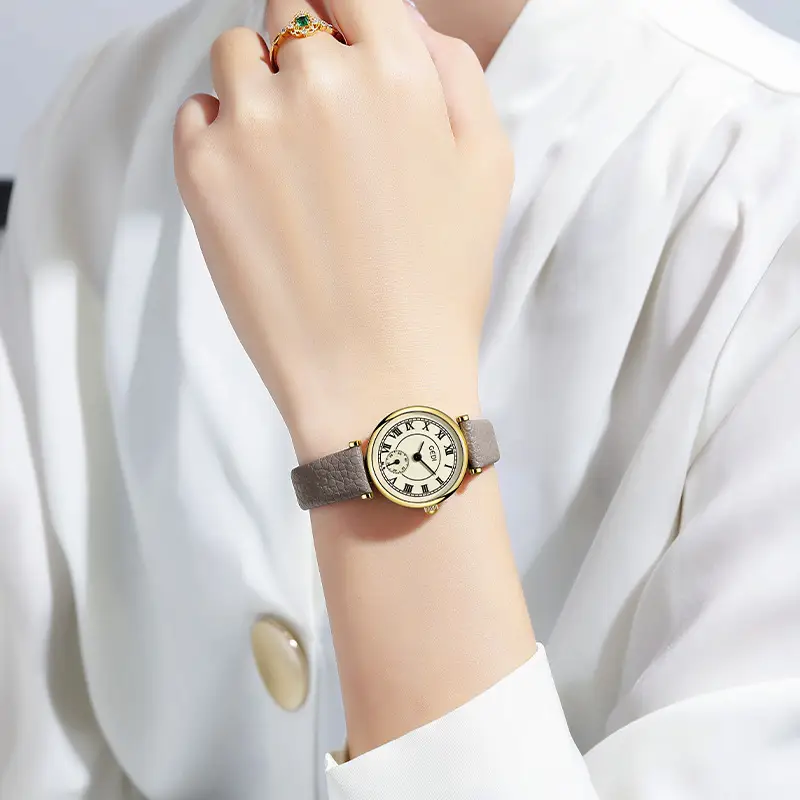 Women's Gold Quartz Watch with Black Leather Strap - Image 7