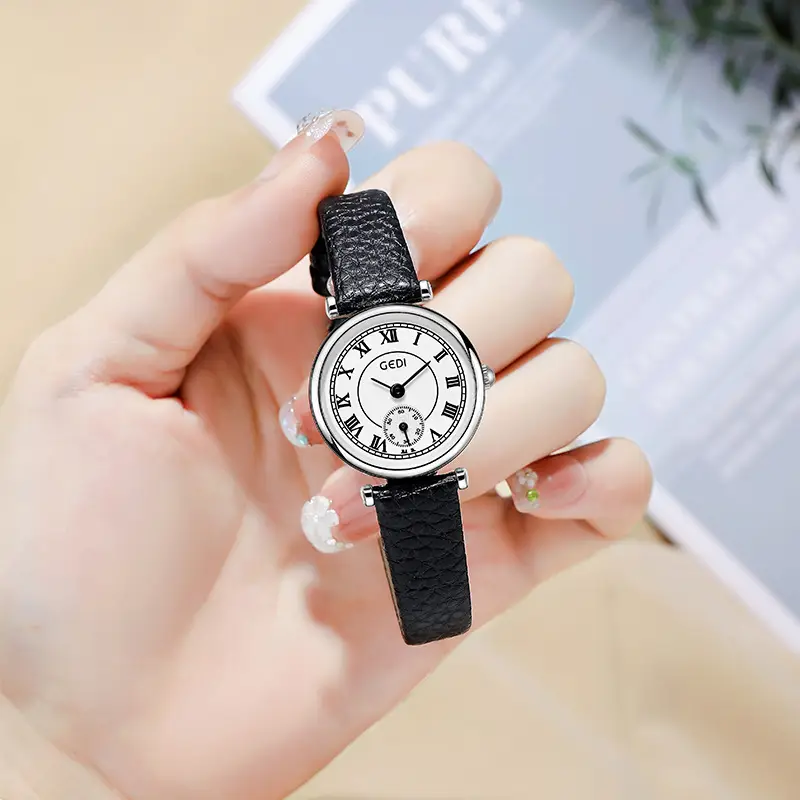 Women's Gold Quartz Watch with Black Leather Strap - Image 8