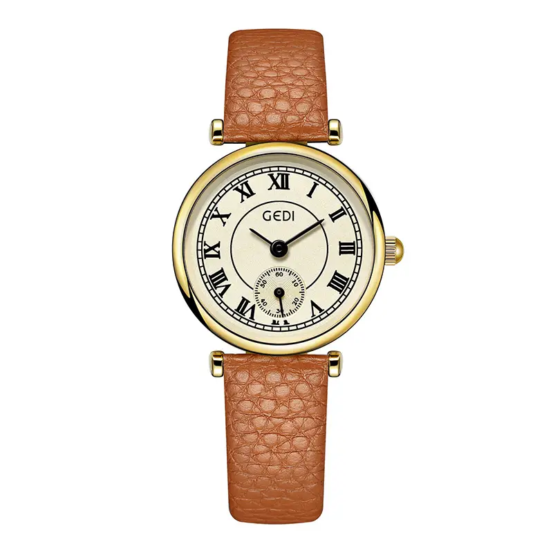 Women's Gold Quartz Watch with Black Leather Strap - Image 3