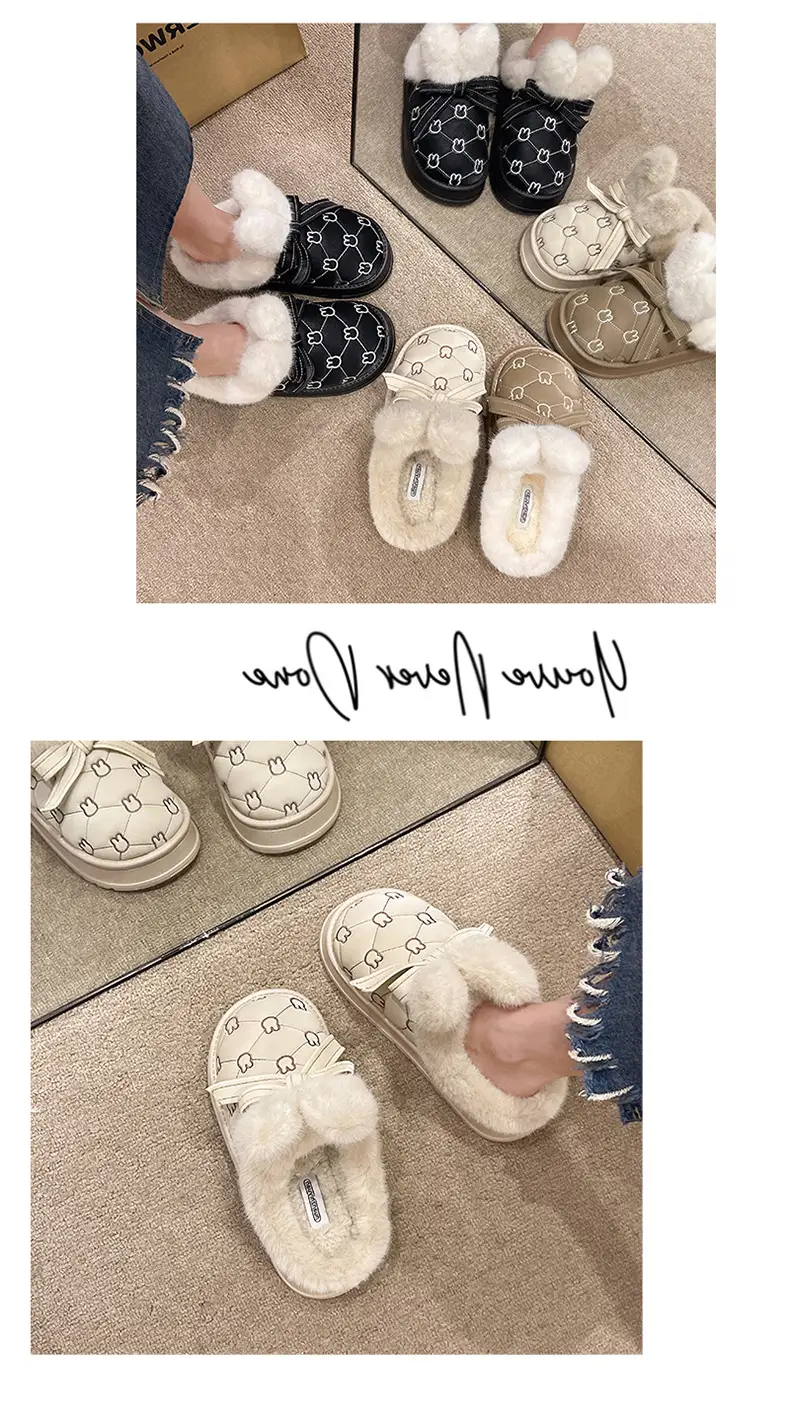 Cixi Cotton Slippers Women's Autumn and Winter New Thick Sole Dung Feeling Baotou Rabbit Ears Home Indoor Non-slip Warm — feature 10