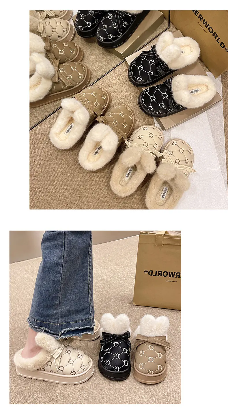 Cixi Cotton Slippers Women's Autumn and Winter New Thick Sole Dung Feeling Baotou Rabbit Ears Home Indoor Non-slip Warm — feature 12