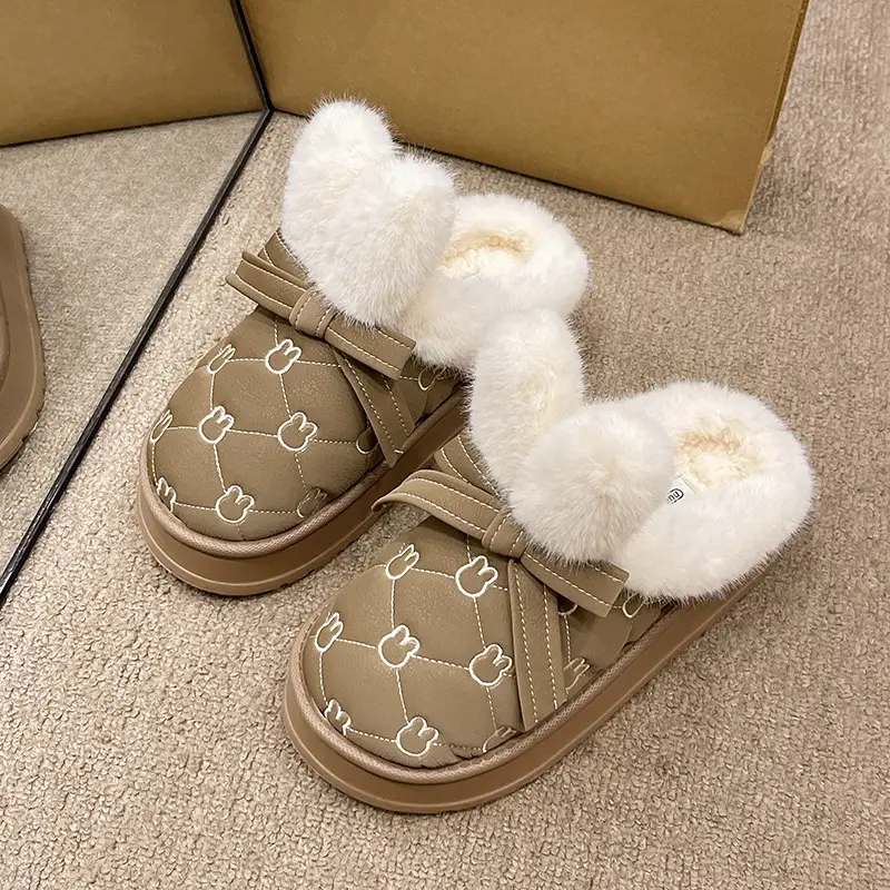 Cixi Cotton Slippers Women's Autumn and Winter New Thick Sole Dung Feeling Baotou Rabbit Ears Home Indoor Non-slip Warm - Image 2