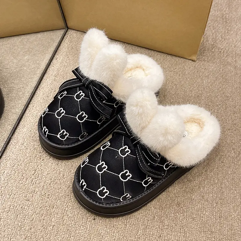 Cixi Cotton Slippers Women's Autumn and Winter New Thick Sole Dung Feeling Baotou Rabbit Ears Home Indoor Non-slip Warm - Image 3