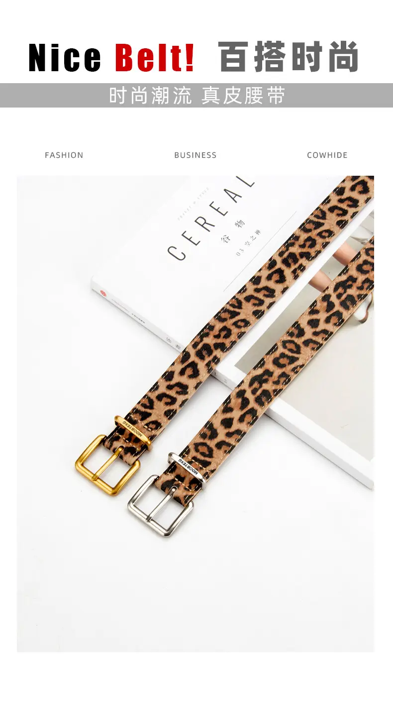 Women Leopard Print Genuine Leather Belt with Gold Buckle — feature 3