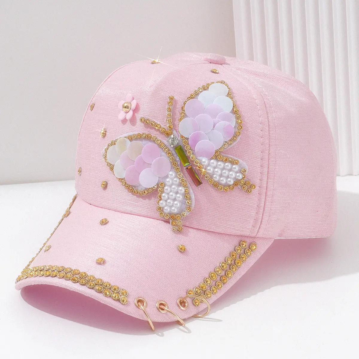 Women Pink Butterfly Pearl Cap with Chain & Rhinestones - Image 6