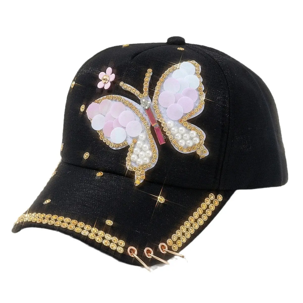 Women Pink Butterfly Pearl Cap with Chain & Rhinestones - Image 9