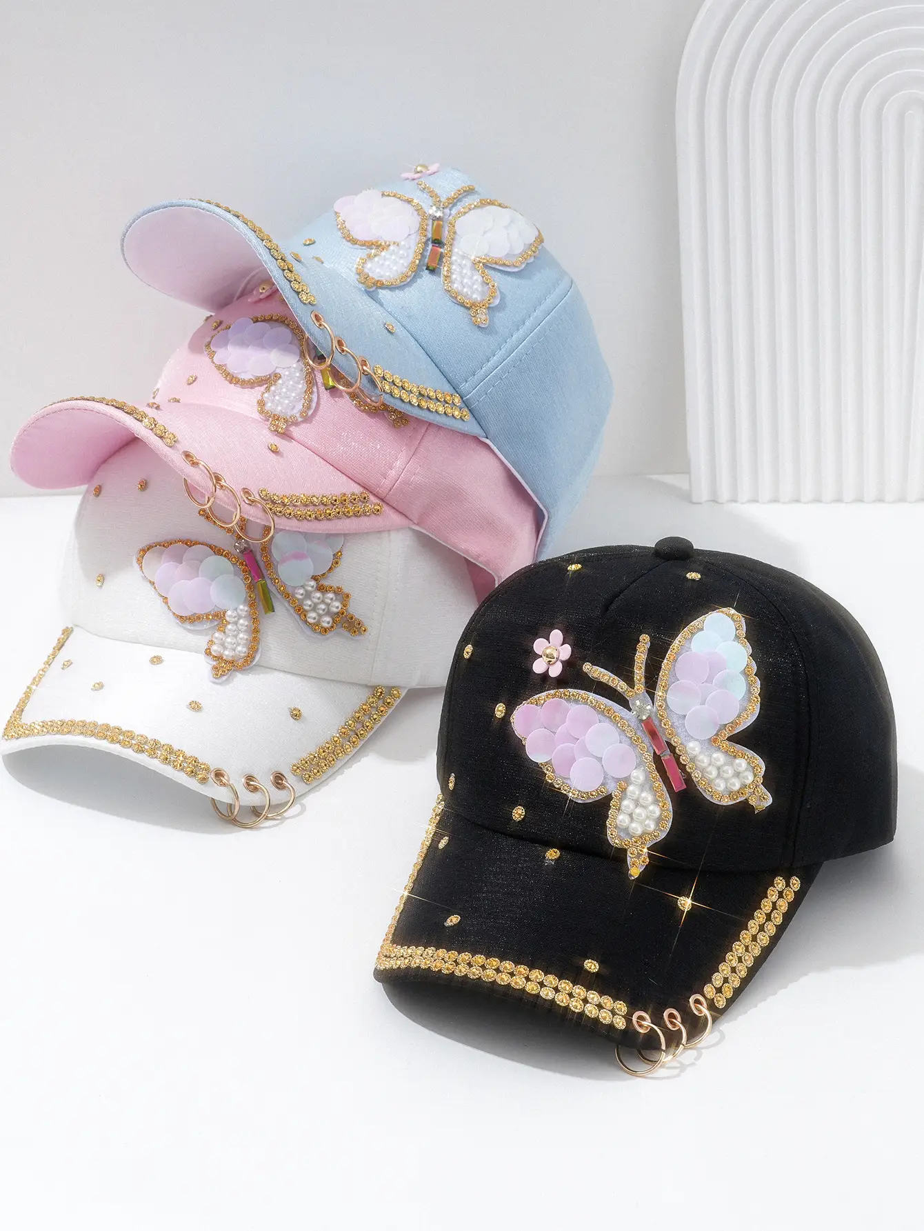 Women Pink Butterfly Pearl Cap with Chain & Rhinestones — feature 1