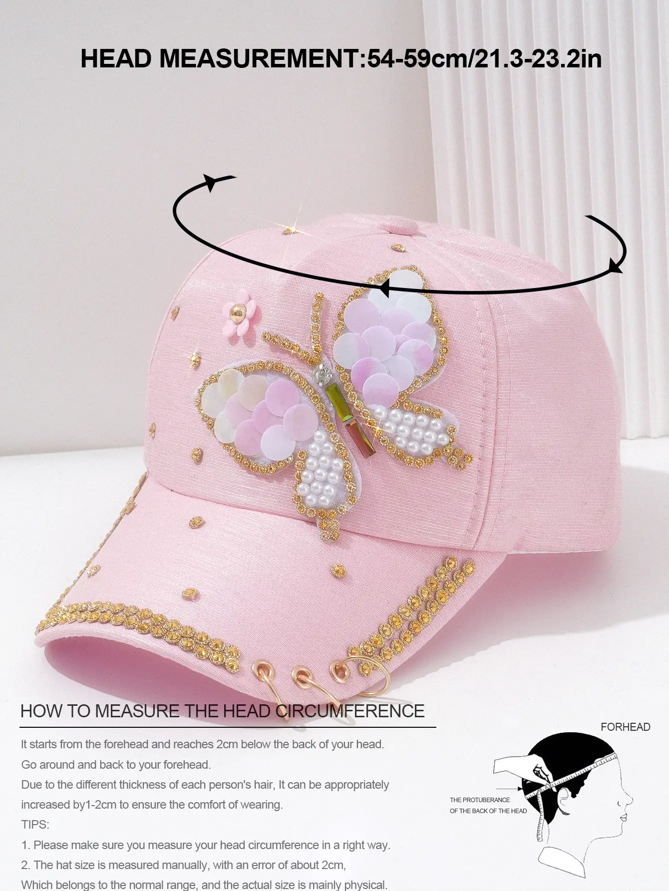 Women Pink Butterfly Pearl Cap with Chain & Rhinestones — feature 2