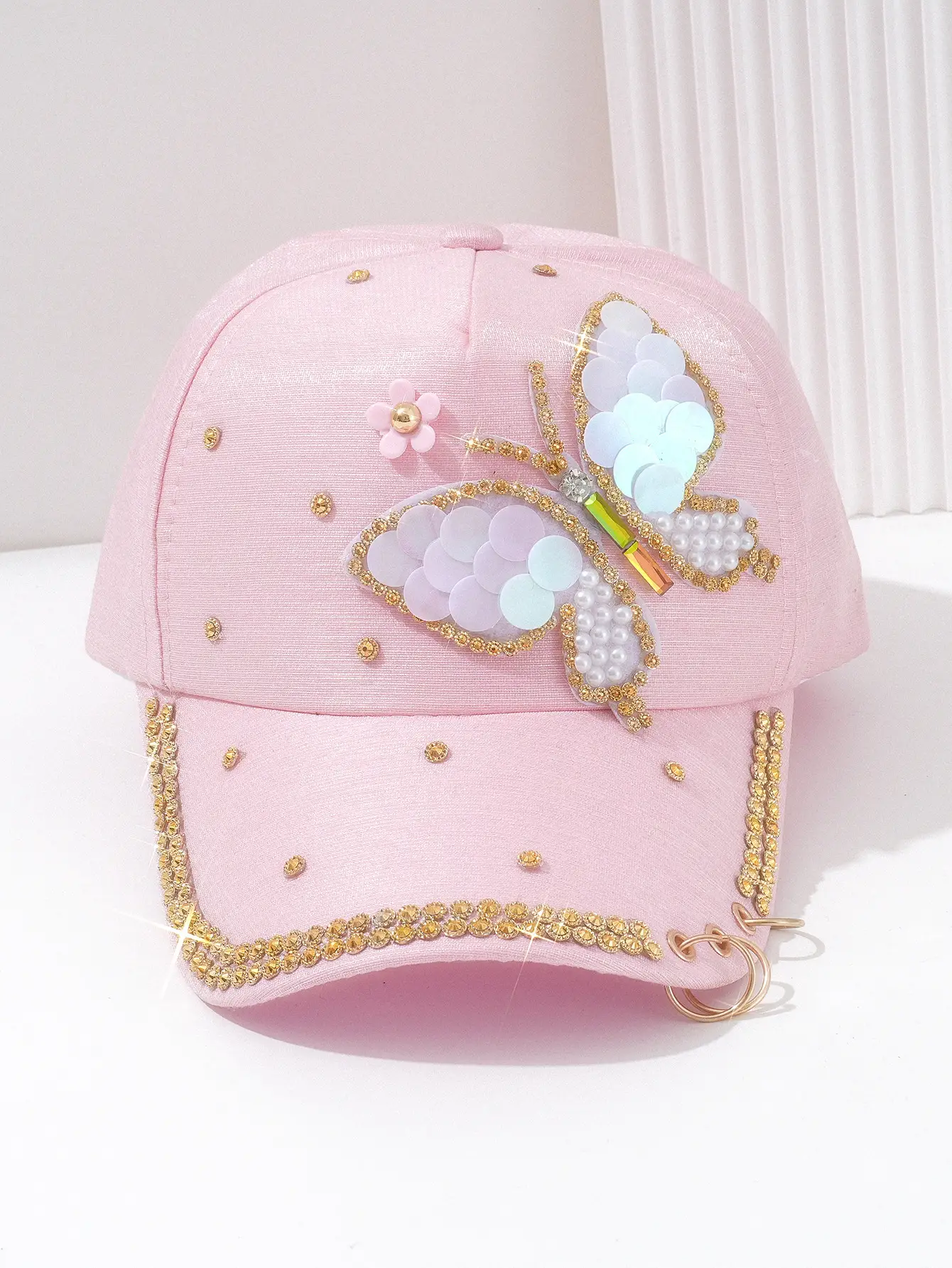 Women Pink Butterfly Pearl Cap with Chain & Rhinestones — feature 4