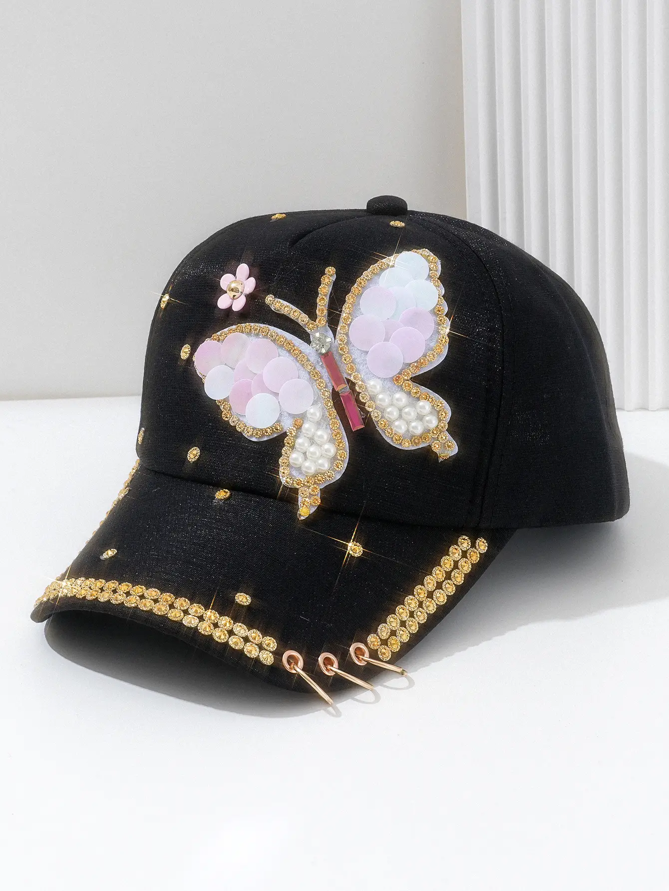 Women Pink Butterfly Pearl Cap with Chain & Rhinestones — feature 5