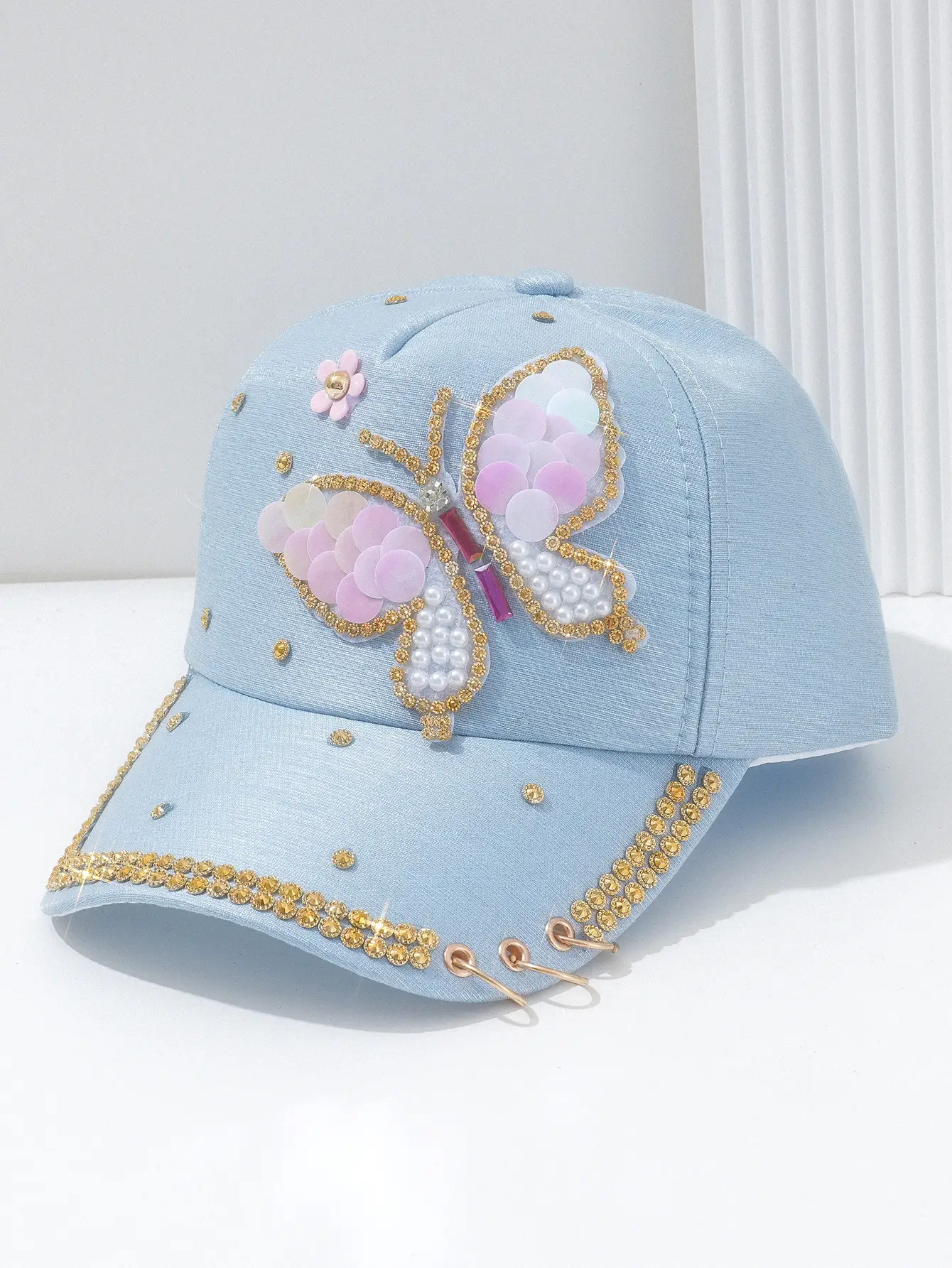 Women Pink Butterfly Pearl Cap with Chain & Rhinestones — feature 6